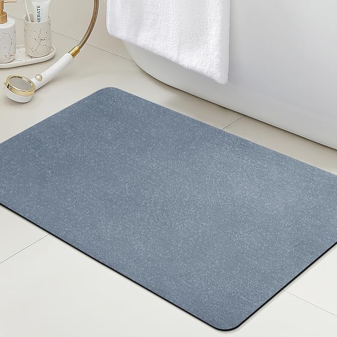 Non Slip Bath Mat, Thin Bathroom Rugs Fit Under Door, Quick Dry Bath Mats, Machine Washable Bath Rugs for Bathroom, Bathtub & Kitchen, Haze Blue/Upgraded Solid/24 x17