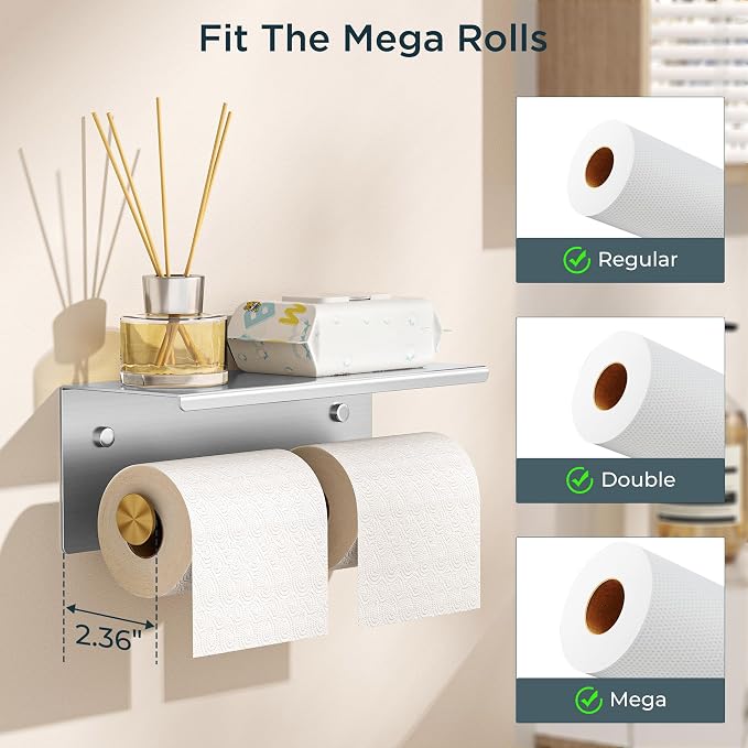 FORIOUS Toilet Paper Holder with Shelf, Commercial Toilet Paper Dispensers | Stainless Steel & Gold | Wall Mount Bathroom Tissue Holder | SUS304 Stainless Steel Rustproof | Double Tissue Roll Holder