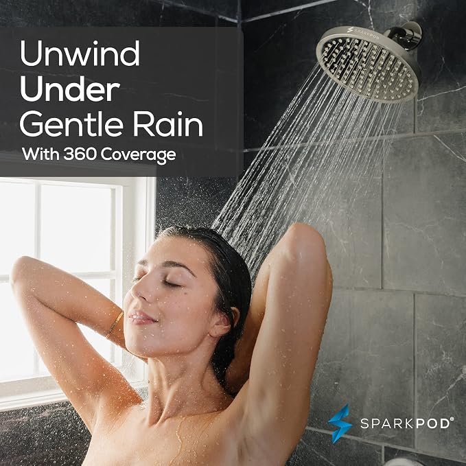 SparkPod Rain Shower Head, 8 Inch Round, Elegant Brushed Nickel Finish | High Pressure Shower Heads, 90 Nozzles, Adjustable Showerhead, No Tools Needed, Universal Connection
