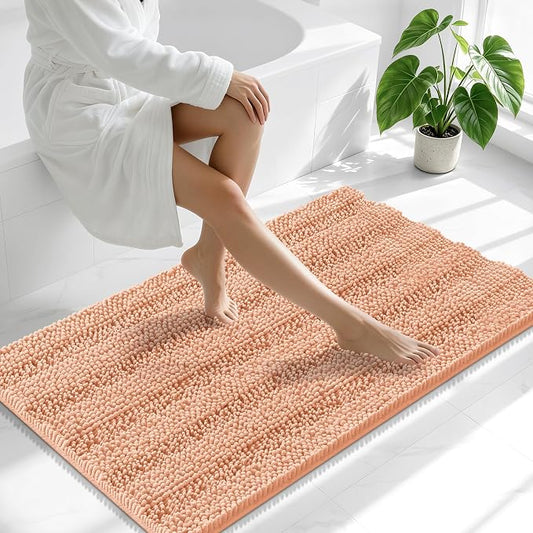 Smiry Thick Chenille Bathroom Runner Rugs 44x24, Absorbent Bath Mat, Peach | Quick‑Dry & Machine Washable, Non‑Slip Bath Carpet, Soft Striped Bath Rugs for Tub & Shower, Modern Home Decor Accessories