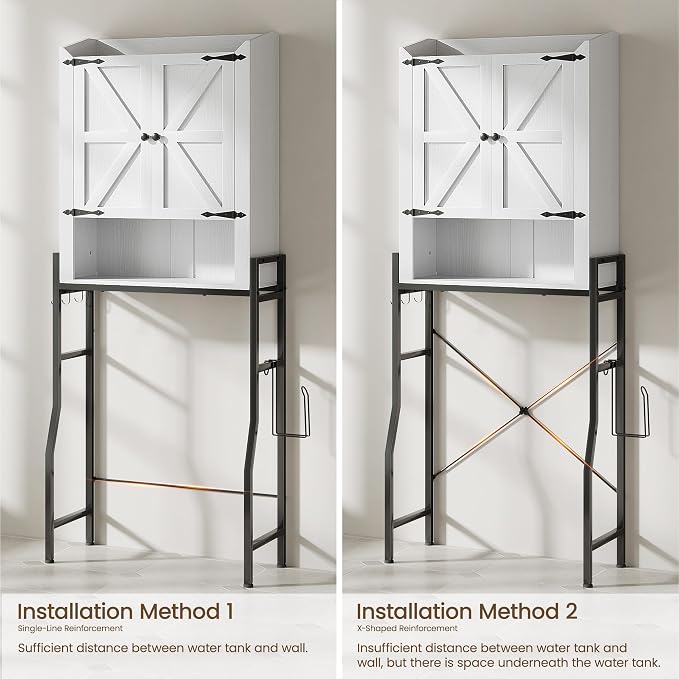 Over The Toilet Storage Cabinet with 2-Door & Metal Stand, White | Toilet Paper Holder, 3 Extra Hooks, Anti-Tipping Device, With Adjustable Shelves, for Bathroom, Restroom, Laundry
