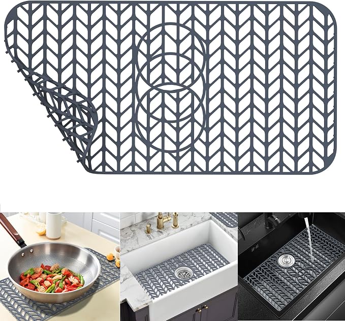 Sink Protectors for Kitchen Sink24"x12.5" 3 Reserved Holes Silicone Sink Mat | Various sizes and styles,Free-form cutting,Holes for different positions,Protector for sinks and dish,Food-grade silicone
