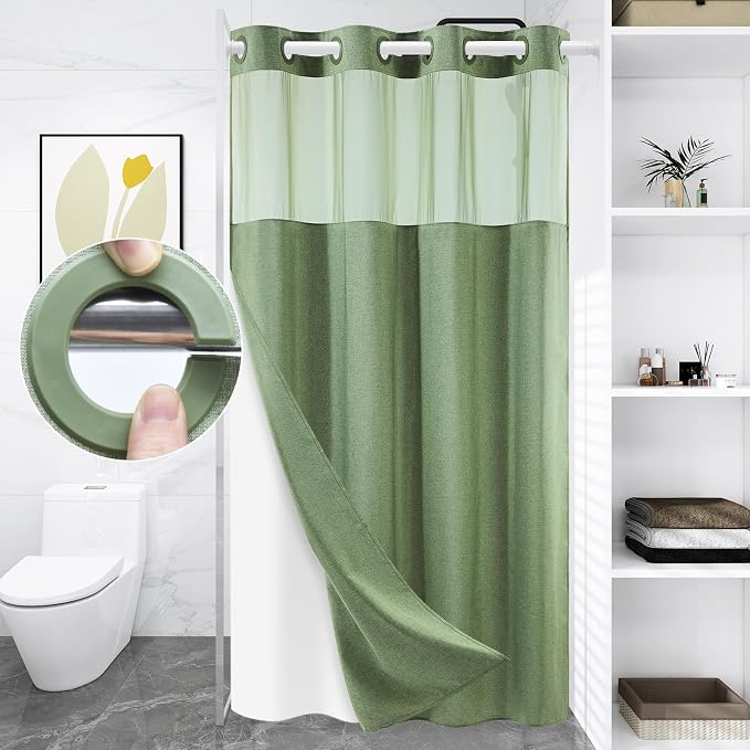 WONICY Small No Hook Shower Curtain with Liner, Sage Green, 54 x 80 | Ringless, Waterproof & Washable, Hotel Style, Mesh Top Window, Bottom Magnets, Thick, Farmhouse, for Bathroom