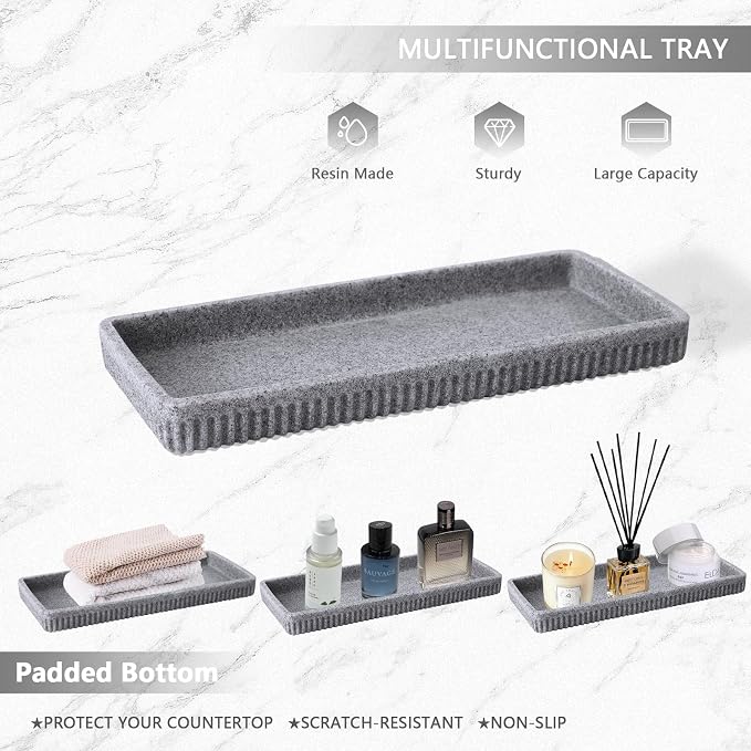XLHOMO Resin Grey Bathroom Accessories Set 5 Pcs, Lotion Soap Dispenser, Toothbrush Holder, Bathroom Tumbler, Qtip Holder and Vanity Tray, Bathroom Countertop Organizer Set for Modern Home Apartment