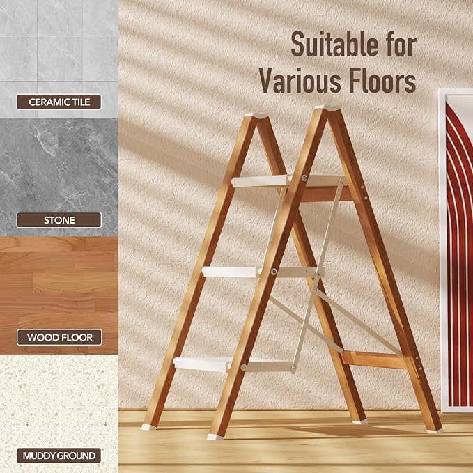Mayi Plus 3 Step Stool Foldable, Aluminum, Lightweight Step Ladder | Extra-wide anti-slip folding steps with 330 lbs, for home,kitchen,office,outdoor,White & Woodgrain.