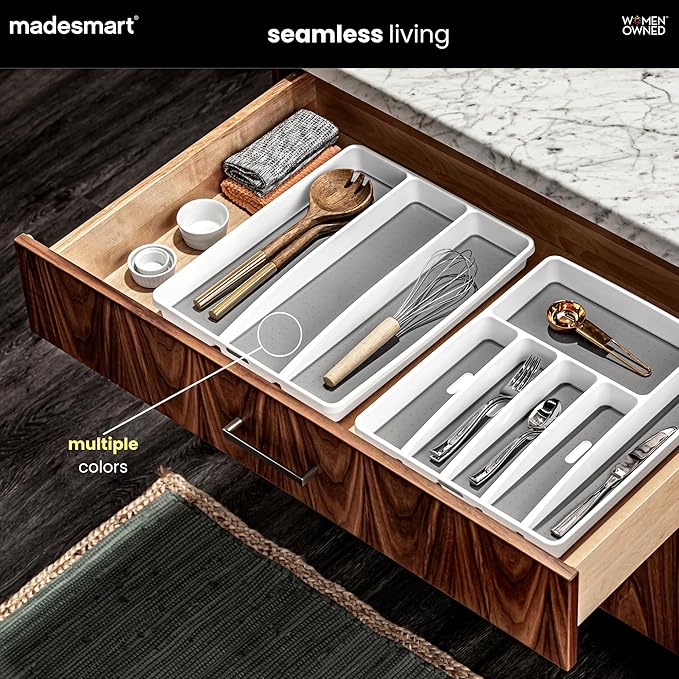 madesmart Classic 3 Compartment Utensil Tray, Carbon | non slip feet, rounded corners, soft grip lining, wide channels, spatulas whisks tongs, ladles serving spoons, woman owned