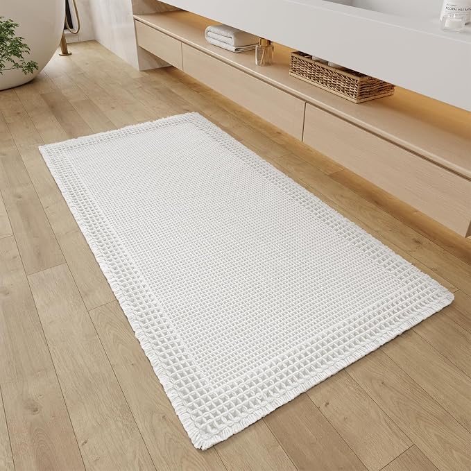RESARE Waffle Bathroom Runner Rugs, Non Slip Boho Bath Mat 24"x48" White | Long Absorbent Bathroom Floor Mats Machine Washable Quick Dry, Soft Solid 2'x4' Bath Rugs with Tassels, Ideal Farmhouse Decor
