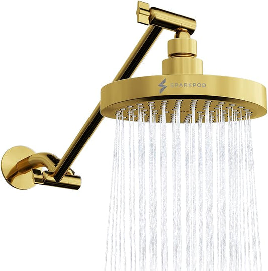 SparkPod 6" Round Rain Shower Head with 11" Shower Arm | Shower Head & Extension Arm Combo, Height Adjustable, High Pressure Performance, Easy 1-Minute Installation, Egyptian Gold
