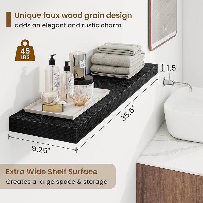 Marsmiles 9.25in Depth 36in Floating Shelves, 36x9.25x1.4, Black, Set of 2 | Wall Mounted Engineered Wood Shelves, Invisible Brackets for Living Room, Bedroom, Bathroom, Kitchen Decor and Storage