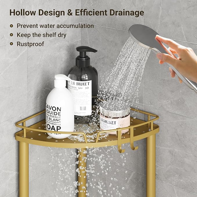 ELYKEN Corner Shower Caddy Standing, 3 Tier Metal Shower Organizer, Gold | Stainless Steel Shower Shelves with Soap Holder, Adjustable Feet & 2 Hooks for Storing Bath Essentials in Bathroom corner