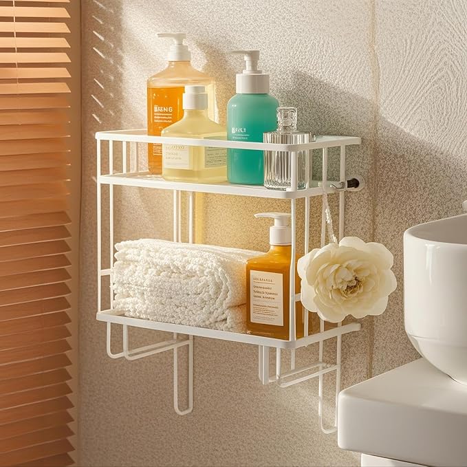 ShellKingdom Over The Toilet Storage Shelf, 2 Tier Toilet Paper Holder Rack | Punch-Free Bathroom Storage Rack with 2 Hooks, Small Space Organizers for Bathroom, Home, White