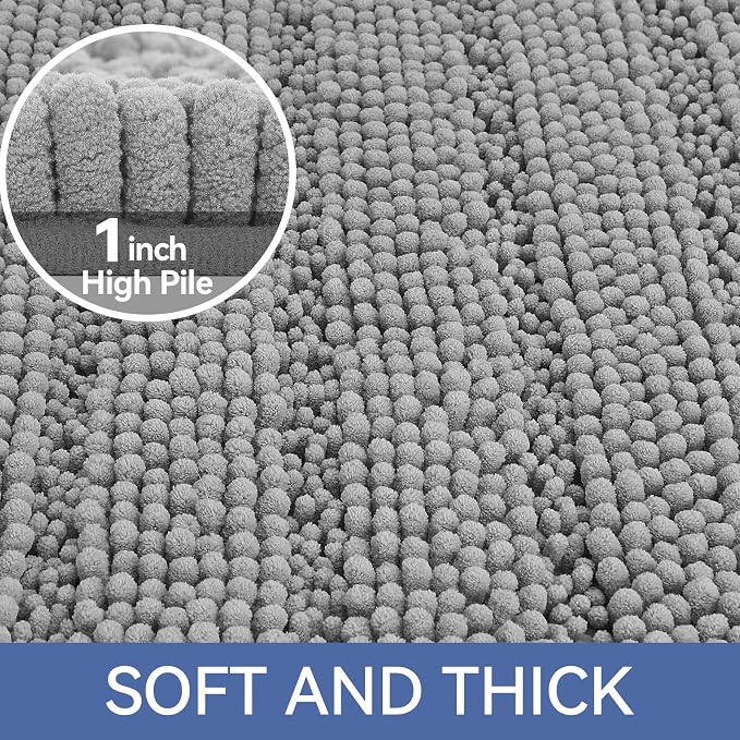 Bcoimo Bath Rug Mat,36x24 Chenille Non Slip Gray Bathroom Floor Shower Mats | Extra Soft Bathroom Rugs;Non Slip with Rubber Backing Bath Mats;High Absorbent And Quick Dry Microfiber mat; Machine Washable