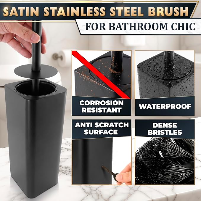 Black Toilet Brush and Holder Set, Stainless Steel Material (Black) | Toilet Bowl Brush and Holder, Squircle Bowl Shape and Removable Inner Bowl, Dense Bristles, Long Handle, Scratch Resistant