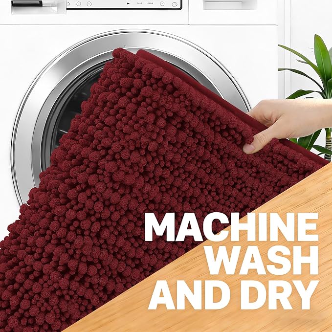 OLANLY Large Bathroom Rugs 40x32, Thick Soft Absorbent Chenille Bath Rugs | Burgundy, Quick-Drying Rubber Backing, Shaggy Bath Mat, Machine Washable for Floor, Tub and Shower, Home Decor Accessories