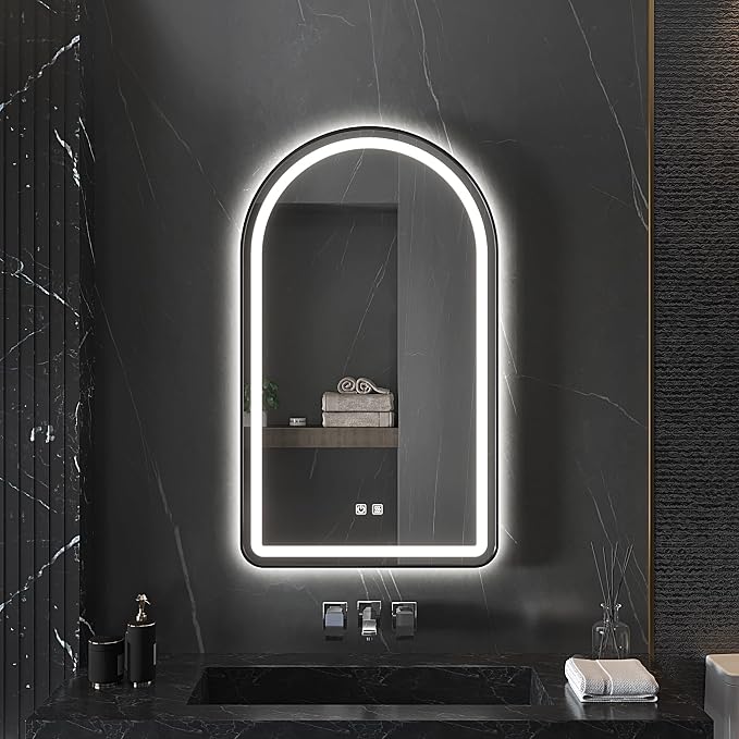 Arched Bathroom Mirror 20"x28", Black, LED Tempered Glass | arch led bathroom mirror black wall mounted vanity lighted tempered glass dimmable anti fog metal frame