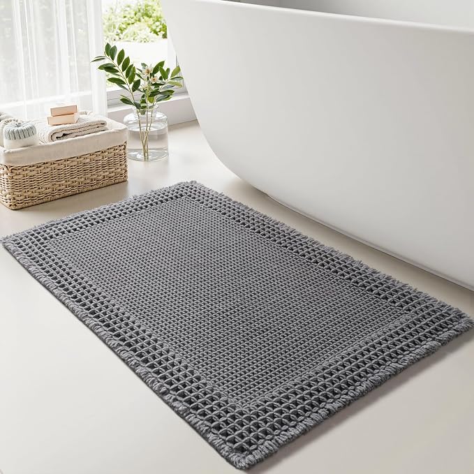 RESARE Waffle Bath Mat for Bathroom, Non Slip Bathroom Rugs 18x30 Dark Grey | Absorbent Boho Bathroom Floor Mats Machine Washable Quick Dry, Soft Solid Bath Rugs with Tassels, Ideal Farmhouse Home Decor