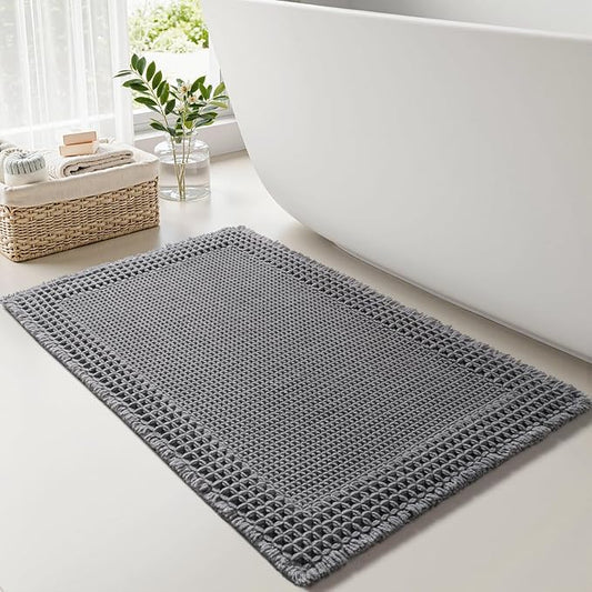 RESARE Waffle Bath Mat for Bathroom, Non Slip Bathroom Rugs 24x36 Dark Grey | Absorbent Boho Bathroom Floor Mats Machine Washable Quick Dry, Soft Solid Bath Rugs with Tassels, Ideal Farmhouse Home Decor