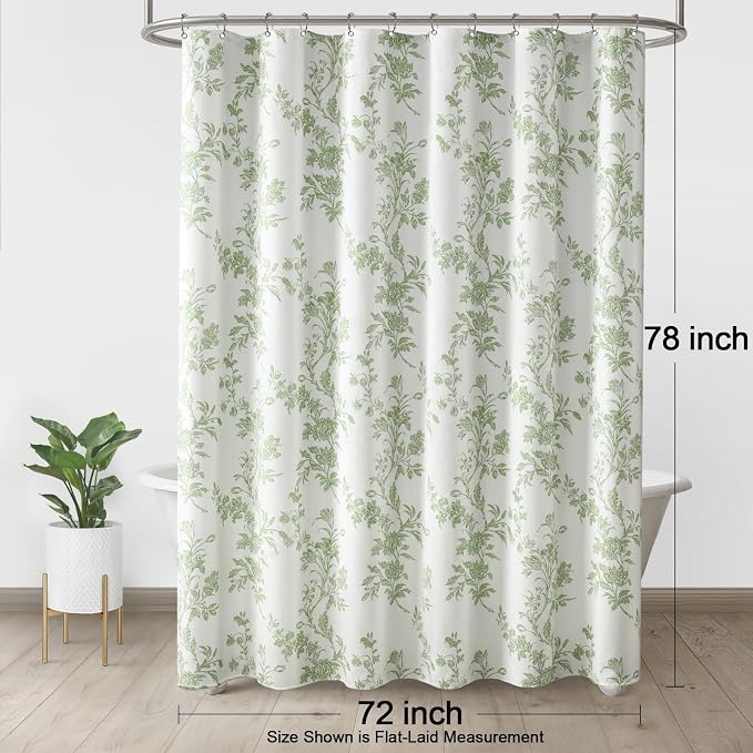 Sage Green Floral Shower Curtain,Vintage Cotton Cottagecore Shower Curtains for Bathroom, 72" W x 78" L