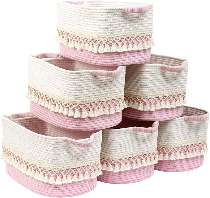 6 Pack Storage Basket for Shelves, Boho Cotton Rope Storage Bins with Heavy Tassel, Shelf Baskets Large Woven Baskets for Organizing, Cube Organizer Bins, Baby Laundry Basket for Clothes, Toys, Pets
