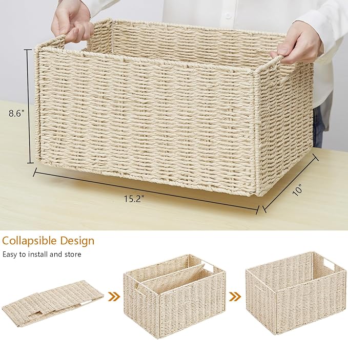 Wicker Storage Basket, Set of 2 Hand-Woven Paper Rope Wicker Basket, Small Storage Baskets for Organizing Toilet Paper Basket, Foldable Large Cube Storage Organizer Bins for Shelves (Beige)