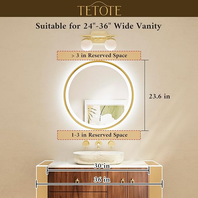 Gold Round Led Mirror with Lights 24 Inch Metal Framed Round Circle Lighted Bathroom Vanity Mirror Wall Mounted, Front and Backlit 3 Color Stepless Dimmable Anti Fog, Shatterproof, CRI 90+