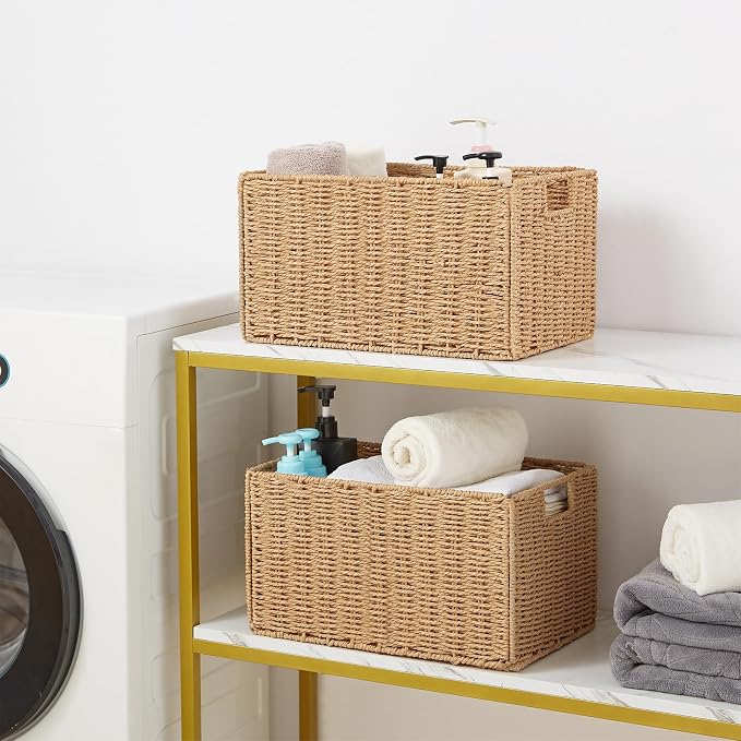 Wicker Storage Basket, Set of 2 Hand-Woven Paper Rope Wicker Basket, Small Storage Baskets for Organizing Toilet Paper Basket, Foldable Large Cube Storage Organizer Bins for Shelves (Natural)