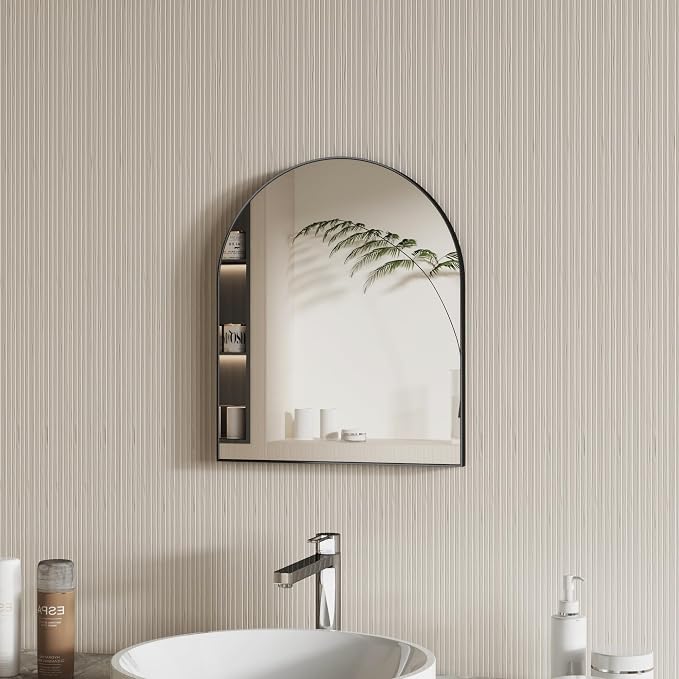 Arched Bathroom Mirror 15"x18", Black, Tempered Glass | arch bathroom mirror black wall mounted vanity tempered glass metal frame bedroom entryway living room