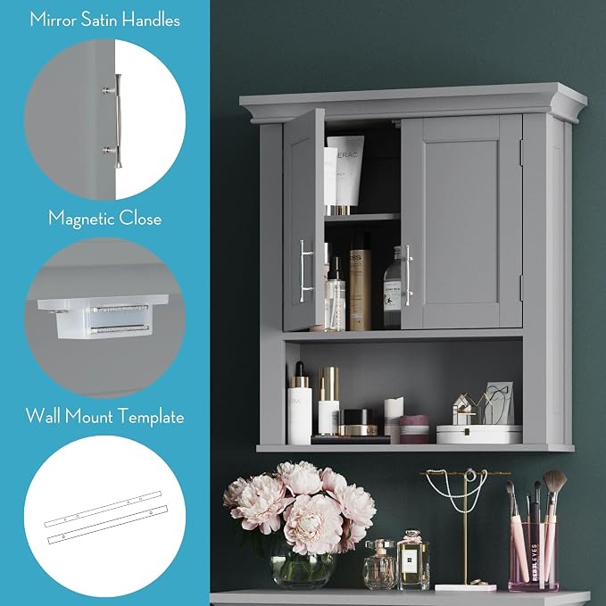 RiverRidge Somerset Two-Door Bathroom Storage, Gray Wall Cabinet, Grey, Set 1 | Open Display Shelf, Adjustable Interior Shelf, Two-Tone Handles, Space-Saving, Laundry Storage