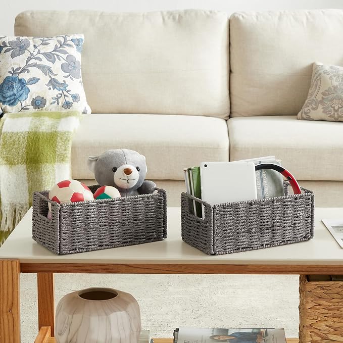 Wicker Storage Basket, Set of 2 Hand-Woven Paper Rope Wicker Basket, Small Storage Baskets for Organizing Toilet Paper, Foldable Large Cube Storage Organizer Bins for Shelves (Grey)