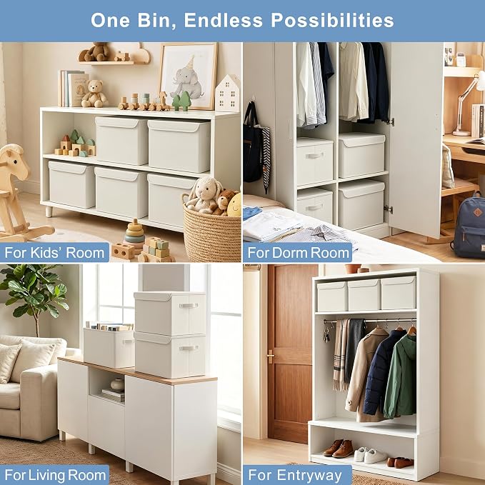 Large 42 Quarts Collapsible Stackable Storage Bins Cube with Lids [3-Pack] Foldable Fabric Linen Storage Boxes, Closet Organizer Baskets with Label for Home (16.7 x 12 x 12, Beige)