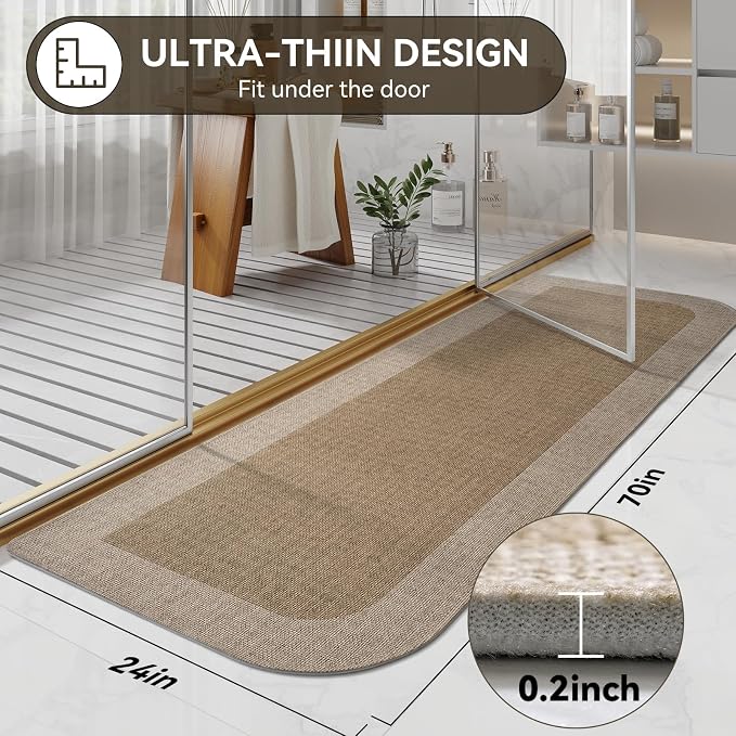 Bathroom Runner Rug, Long Thin Bath Mat Fit Under Door, Brown 24x70 | Quick Dry Absorbent, Rubber Backing Washable Large Bathmat, Shower Mat for Bathroom Floor, Tub and Outside Shower