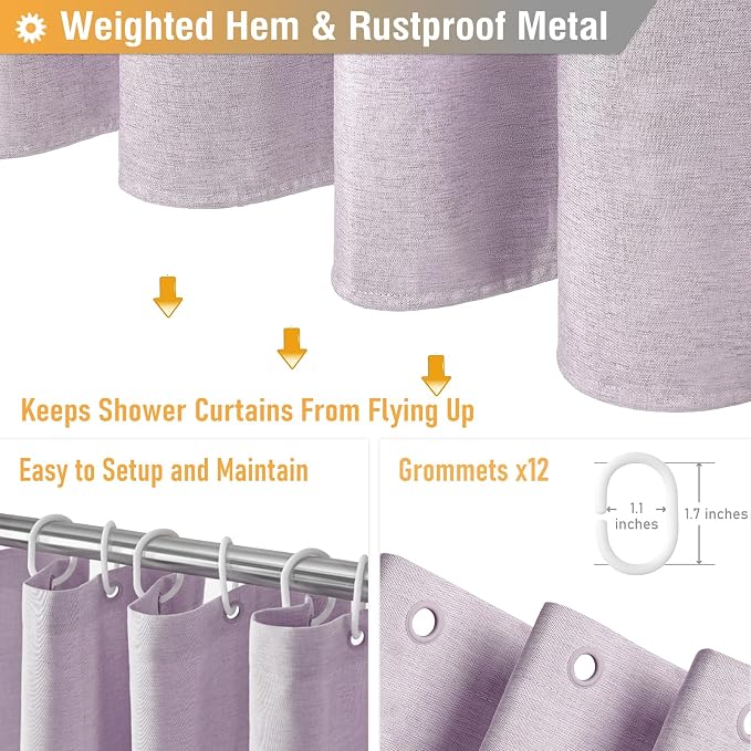 72x78 Linen Textured Waterproof Fabric Shower Curtain Set, Lavender | Long Size, 230GSM Polyester, Heavy Duty Cloth, Weighted Hem, 12 Plastic Hooks, Modern Luxury Hotel Style, Machine Washable