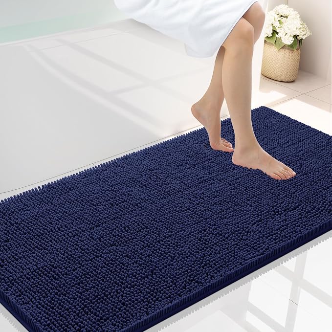 Smiry Bathroom Rugs 44X24, Luxury Chenille Extra Soft Absorbent Bath Mat | Navy Blue, Machine Washable Non-Slip Plush Bath Mats for Bathroom, Tub, Shower, and Floor, Home Decor