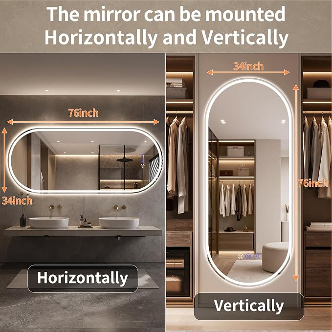 Oval LED Bathroom Mirror, 34"x 76" Led Full Length Mirror | Frameless Large LED Mirror with Front Light & Backlit, Anti-Fog, Dimmable Wall Mounted Lighted Mirror, Smart Bathroom Mirror