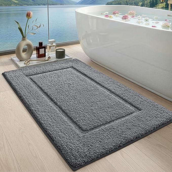 DEXI Bath Mat 43x24, Absorbent and Non Slip Bathroom Rugs, Grey | Soft Plush Microfiber Bathmat, Machine Washable & Quick Dry, Rubber Back Rug for Shower, Tub, Sink