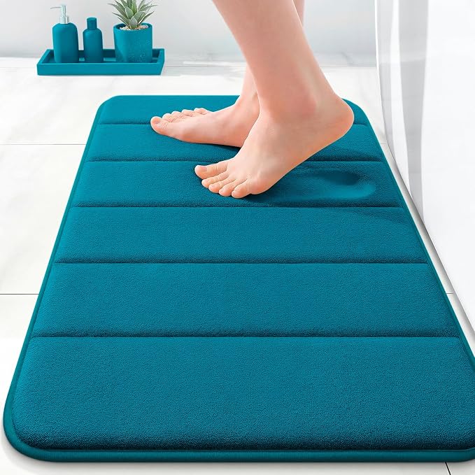 OLANLY Memory Foam Bath Mat 24x16, Super Soft and Absorbent Bathroom Rugs | Peacock Blue, Quick Dry Bath Rug, Machine Washable Shower Floor Mats, Bathmat Carpet for Bathroom Floor, Tub and Shower