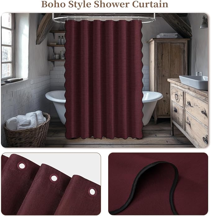 Burgundy Boho Scalloped Linen Textured Cloth Shower Curtain Set, 72x72 | 230GSM Waterproof Polyester, Heavy Duty Fabric, 12 Plastic Hooks, Modern Farmhouse Style, Machine Washable, Bathroom Decor