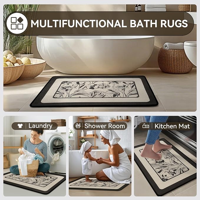 Non Slip Bath Mat, Thin Bathroom Rugs Fit Under Door, Black 20x31 | Quick Dry Absorbent, Rubber Backing Washable Bathmat, Shower Mat for Bathroom Floor, Tub and Outside Shower, Home Decor