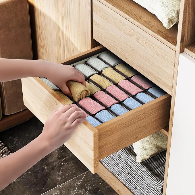 joyoldelf Sock Drawer Organizer Divider Underwear Organizer 24-cell Fabric Dresser Drawer Organizers Storage Boxes for Socks Lingerie, Handkerchiefs, Ties 4 Pack (Beige)