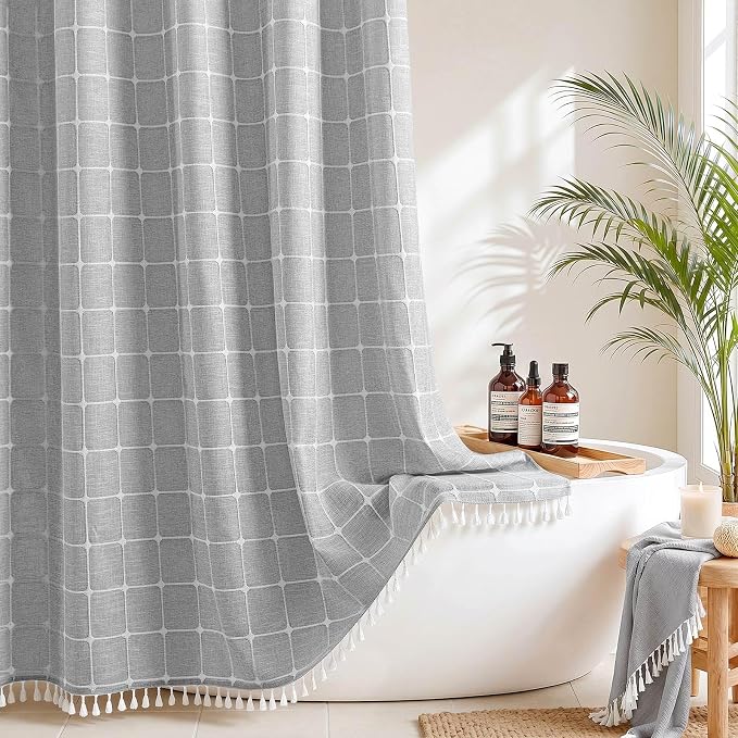 River Dream Farmhouse No Hooks Shower Curtain with Snap-in Liner,Grey,71x74 | Snap on Fabric Liner,Heavy Duty,Quick Dry,With Bottom Magnets,Washable,with Tassels, Rustic Boho Farmhouse,Standard Size
