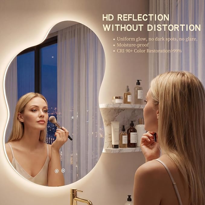 36''x24'' Lighted Mirrors for Bathroom Wall Backlit, Cloud LED Bathroom Mirror Frameless with Lights Anti Fog, Dimmable, 3 Colors,Tempered Glass, Shatter-Proof