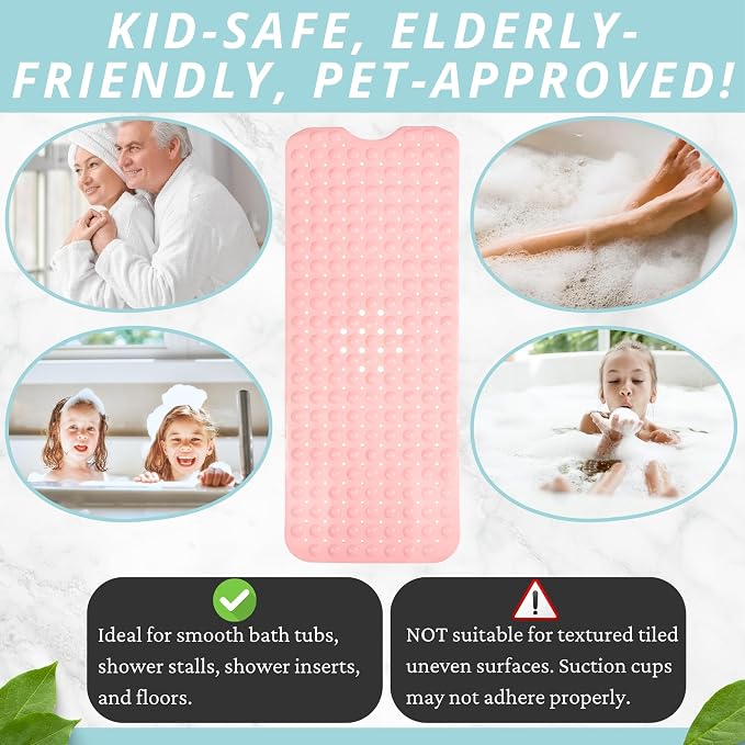 ENKOSI Non-Slip Bath & Shower Mat 40x16 Extra Long, Suction & Drain Holes | Baby Pink color; Durable PVC; 40x16 in, Baby Pink