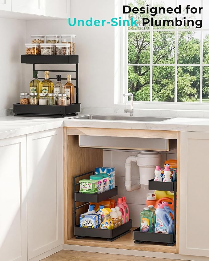 EVERIE Height Adjustable 2 Tier Metal Pull Out Slide Shelf Organizer for Under Sink Cabinets in Kitchen, Bathroom, with Snap-on Top Tray, 16" Deep (Black, 2 Sets) | Pull Out