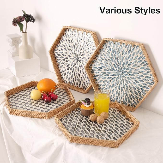 Hexagon Rattan Tray with Mother of Pearl Inlay, Rattan Serving Tray for Coffee, Bread, Fruits, Snacks, Decorative Wicker Tray for Table Decor, Home Decor (Black Fish, 14.5"×12.8")