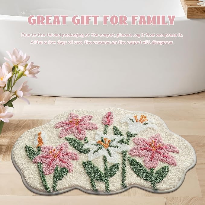 Cloud-Shaped Lily Bath Mat, Soft Non-Slip Fluffy Fresh Flowers Bathroom Rug, Ultra Absorbent Microfiber Shaggy Door Mat, Machine Washable Bath Rug Carpet for Bathtub Bedroom 20x31 Inch (White)