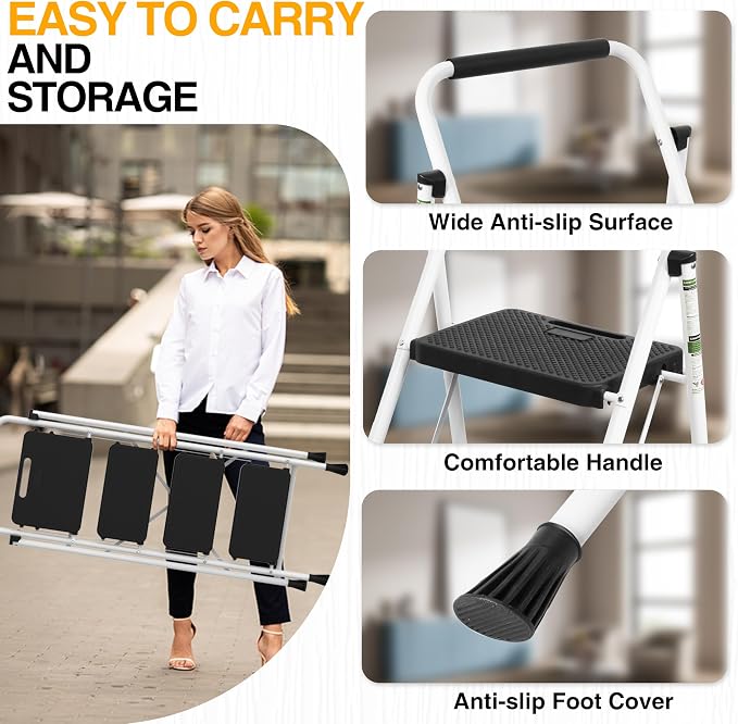 Step Ladder, Portable Steel Folding Step Stool with Wide Anti-Slip Pedal & Convenient Handgrip, Sturdy Steel Ladder, 4-Step, White