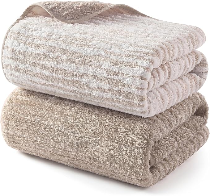 REDKISS 2 Pack Beige Bath Towels Set, 100% Cotton Double-Sided Design | Ultra Soft, Super Absorbent, Quick Dry Bathroom Towels for Bathroom, Gym, Spa, Pool, Hotel & Family Use, 29 x 59 Inches