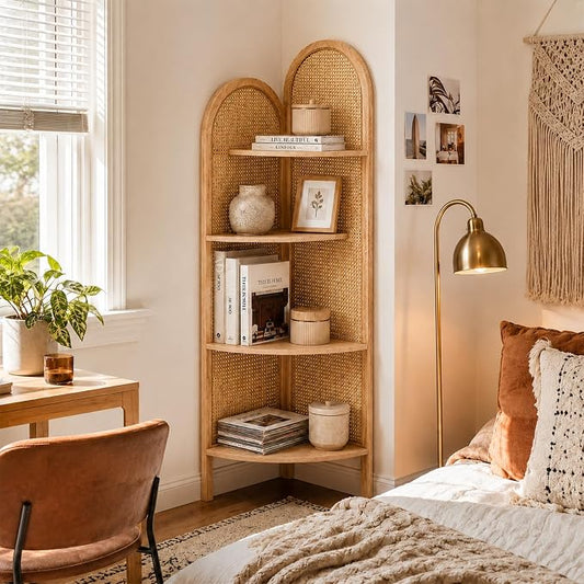 Corner Shelf Stand 4-Tier 70" Tall Corner Shelves Display Shelf | Boho Corner Bookshelf Multi Unit Organizer Rack with Pine Wood and Rattan, for Small Spaces Living Room Restaurant, Natural