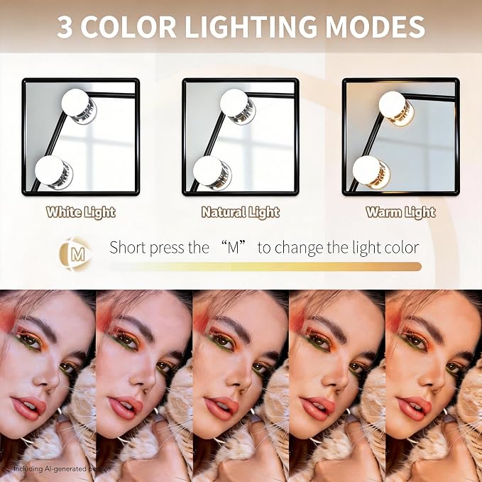 Makeup Vanity Mirror with Lights,10X, Black 17.12"x13.77" | Vanity Mirror with Detachable 10X Magnification Mirror, Rechargeable, 3 Color Lights,Touch Control, 360‑Degree Swivel
