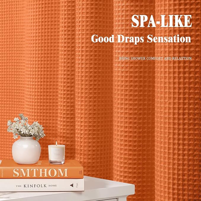 Waffle Weave Shower Curtain Heavyweight Cotton Fabric Orange 72Wx72L | Soft Cotton Cloth,3D Square Truely Waffle Washable, Hotel Luxury Spa, Shower Curtain Set for Bathroom 12 Plastic Hooks